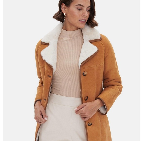 UK Washed Tan Shearling Sheepskin Jacket, Luxury Leather Women's Jacket - Picture 7 of 11